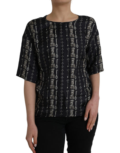 Blusa de seda con estampado de castillo y llave negra