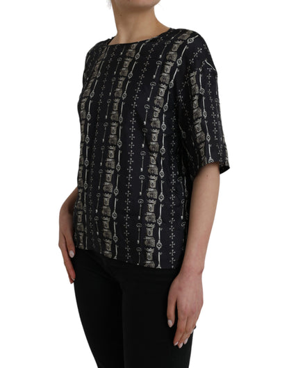 Blusa de seda con estampado de castillo y llave negra