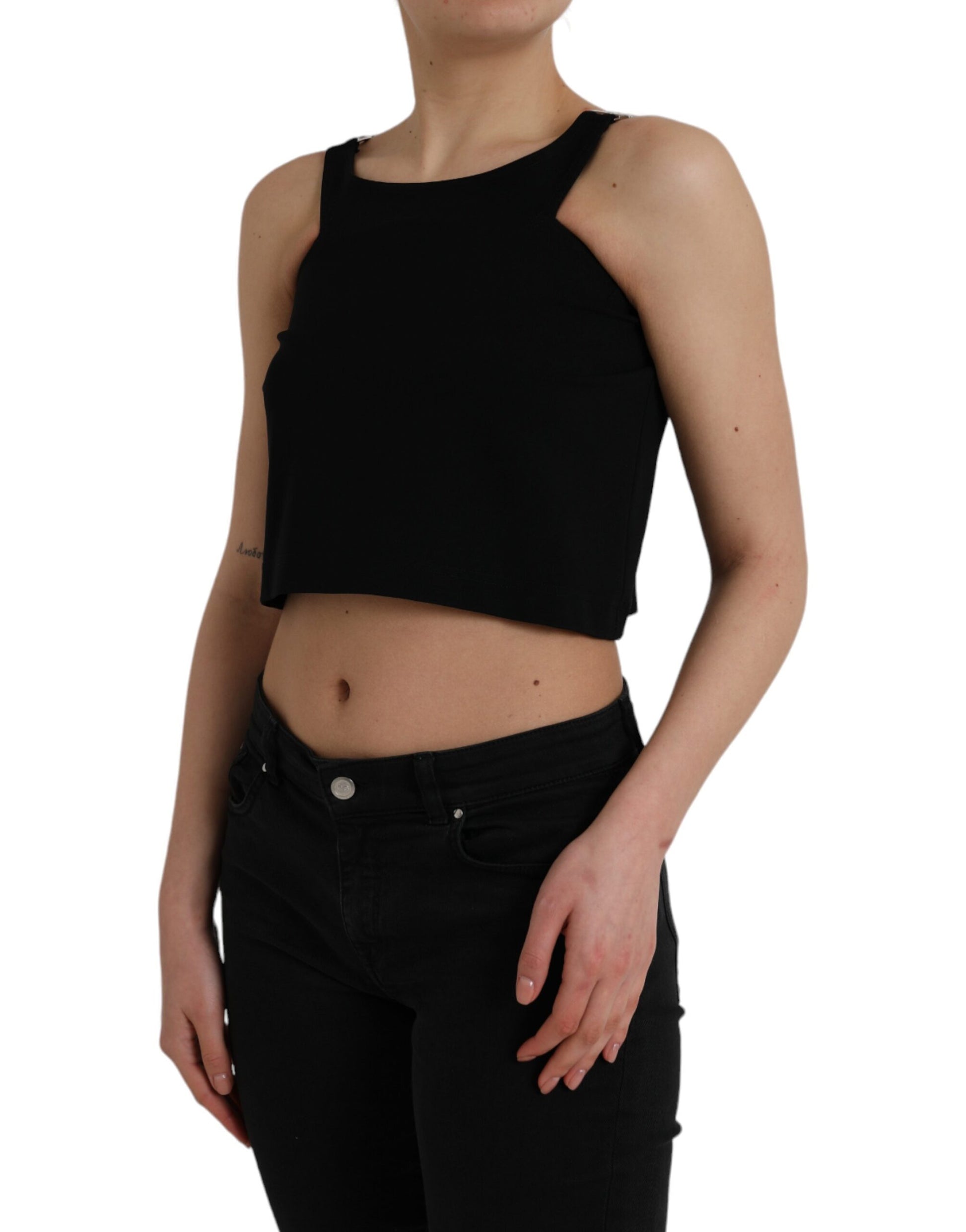 Black Sleeveless Round Neck Cropped Tank Top