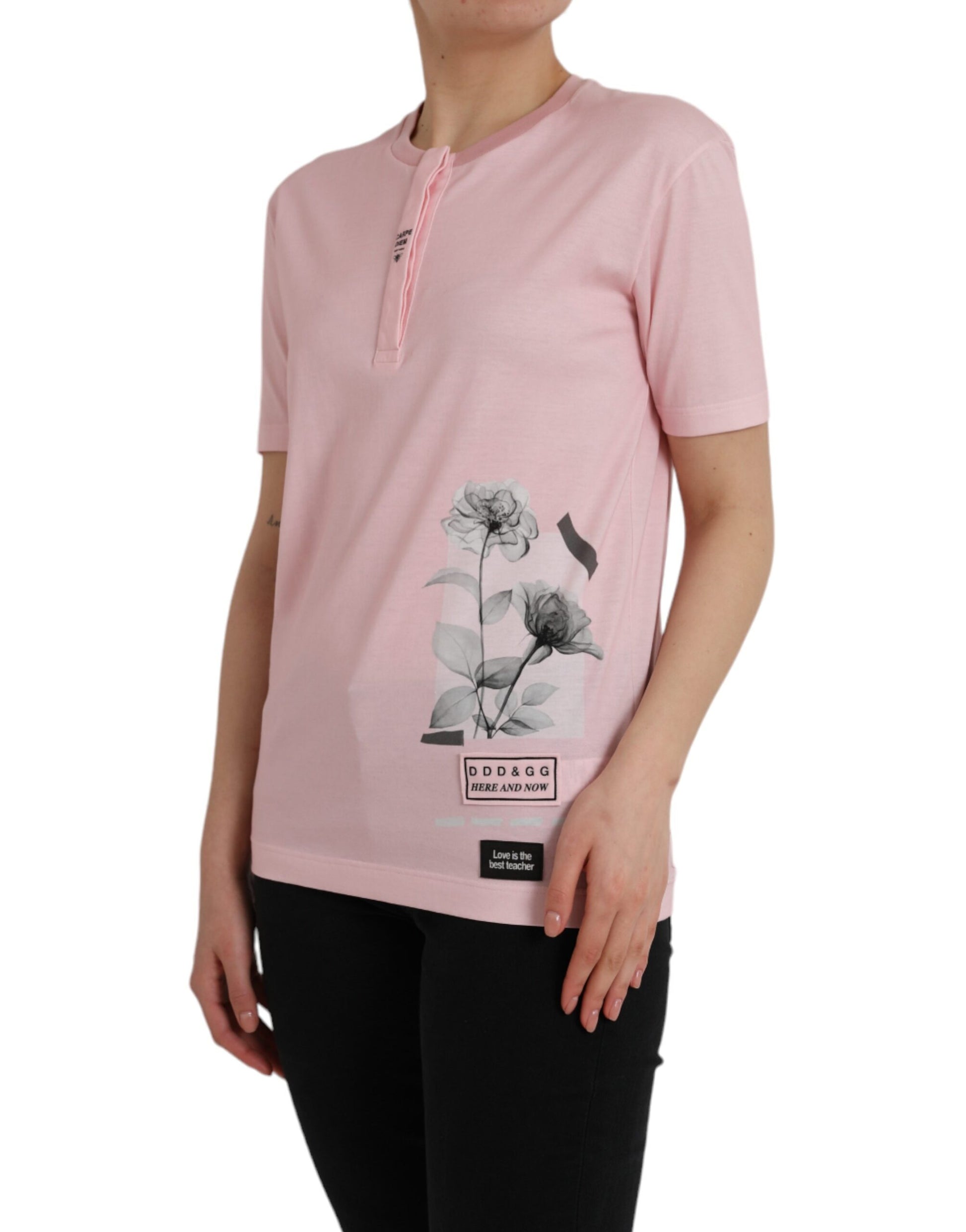 Camiseta de manga corta de algodón con estampado floral rosa