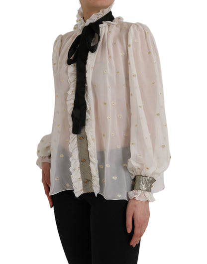 Off White Silk Blend Ascot Collar Blouse Top