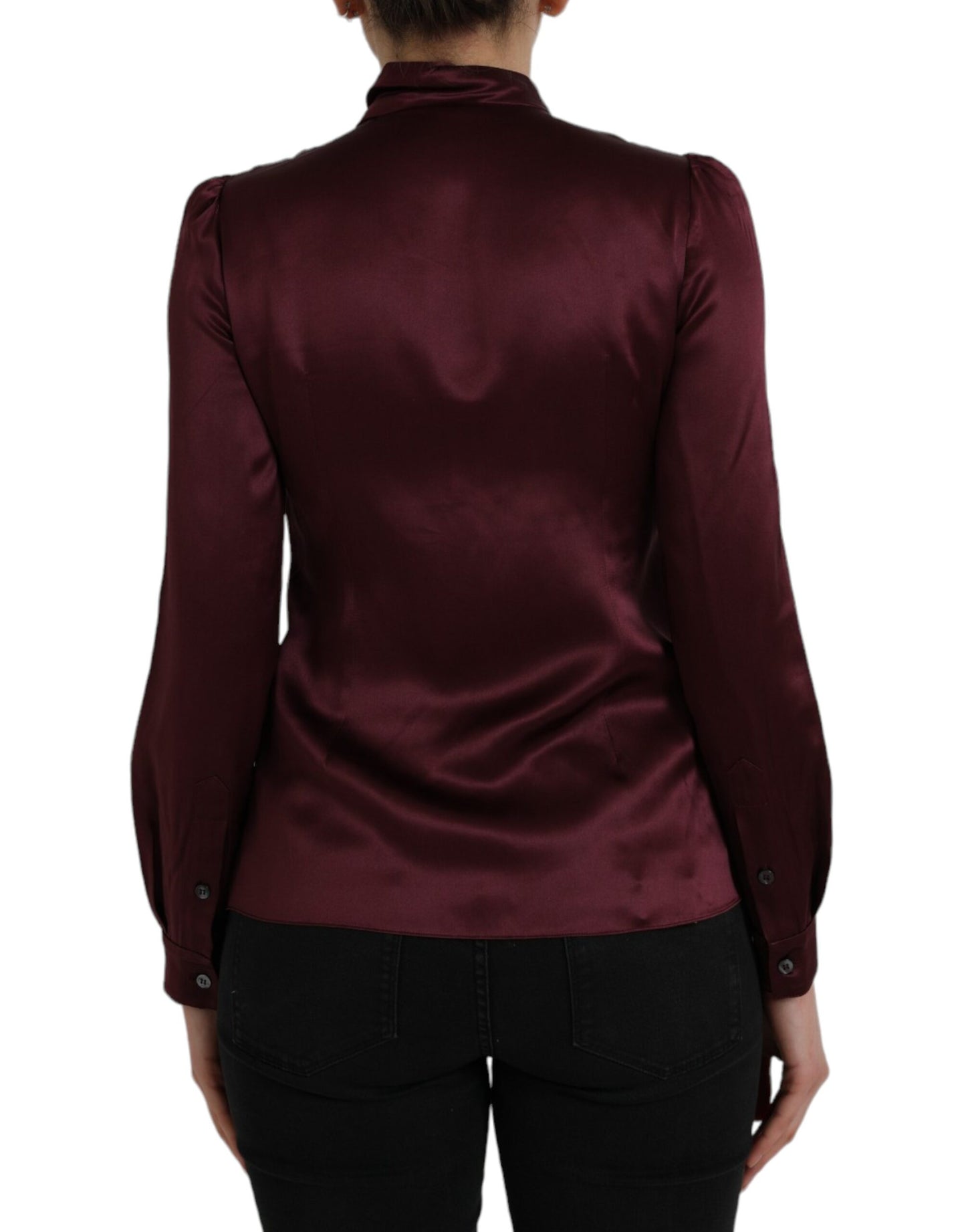 Maroon Ascot Collar Long Sleeve Top Blouse