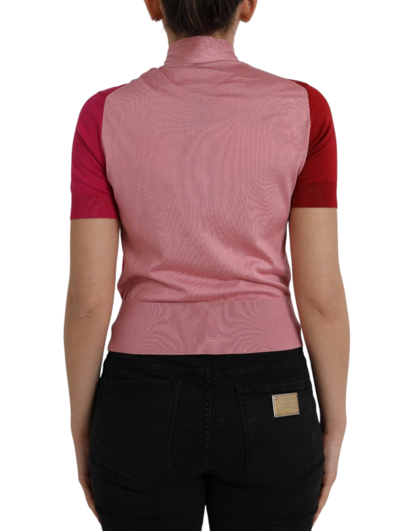 Pink Short Sleeves Pullover Ascot Collar Top