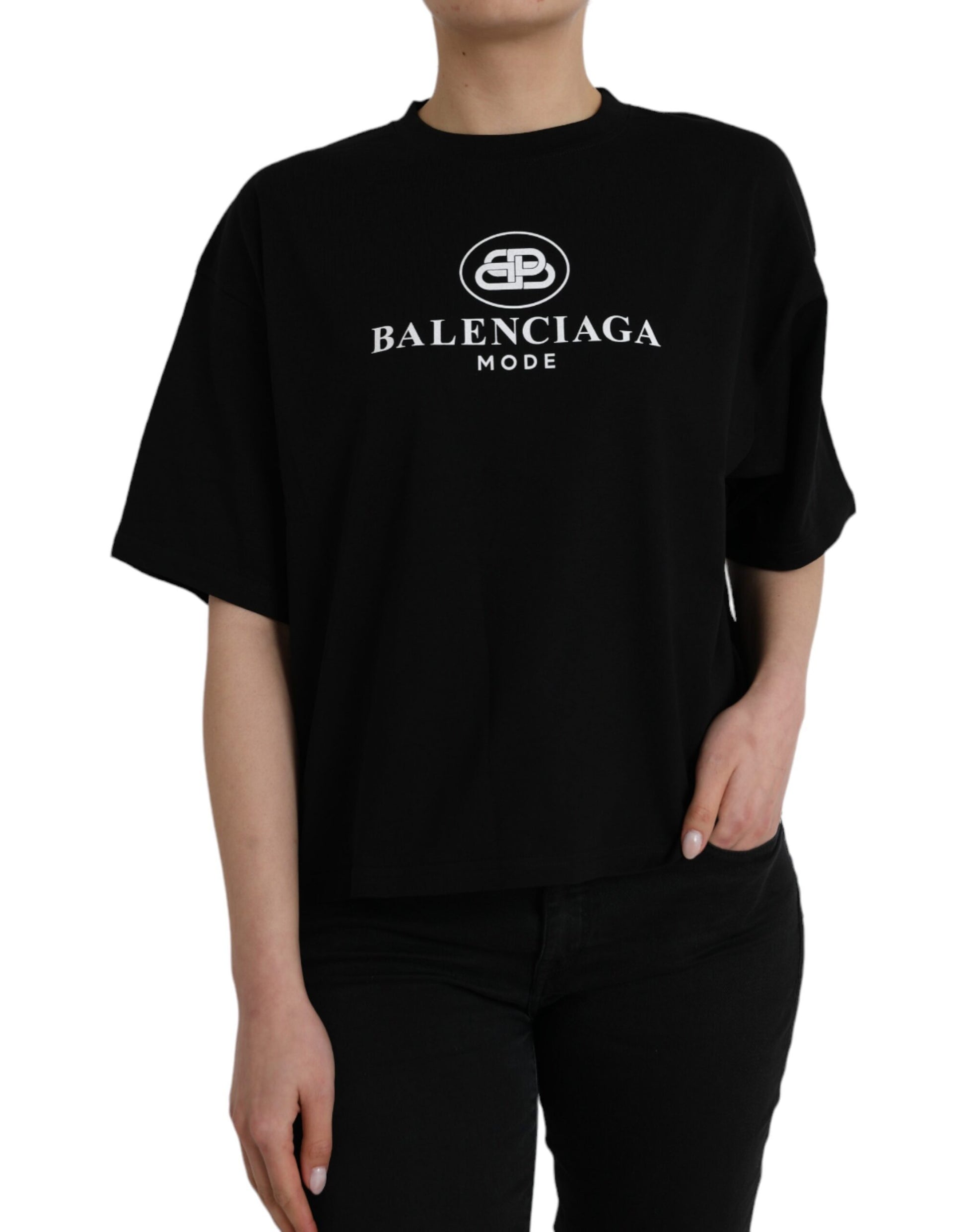 Camiseta de algodón negra con cuello redondo y manga corta y logotipo