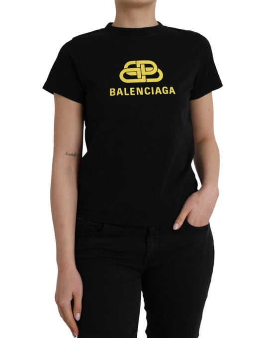 Camiseta de algodón negra con cuello redondo y manga corta y logotipo