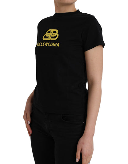 Camiseta de algodón negra con cuello redondo y manga corta y logotipo