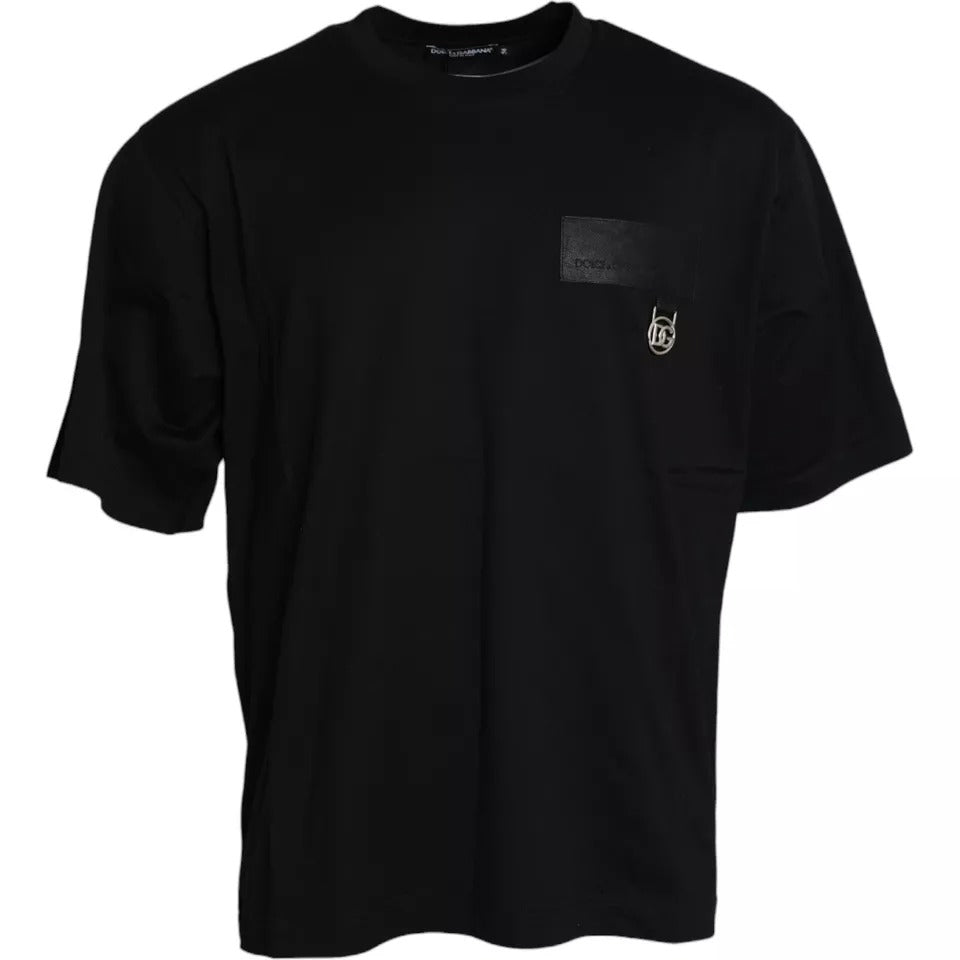 Camiseta de cuello redondo de algodón con parche de logotipo negro