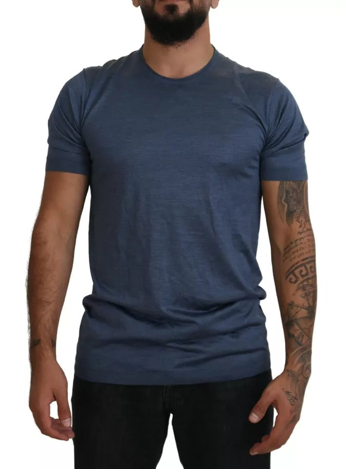 Camiseta de manga corta de seda azul claro para hombre