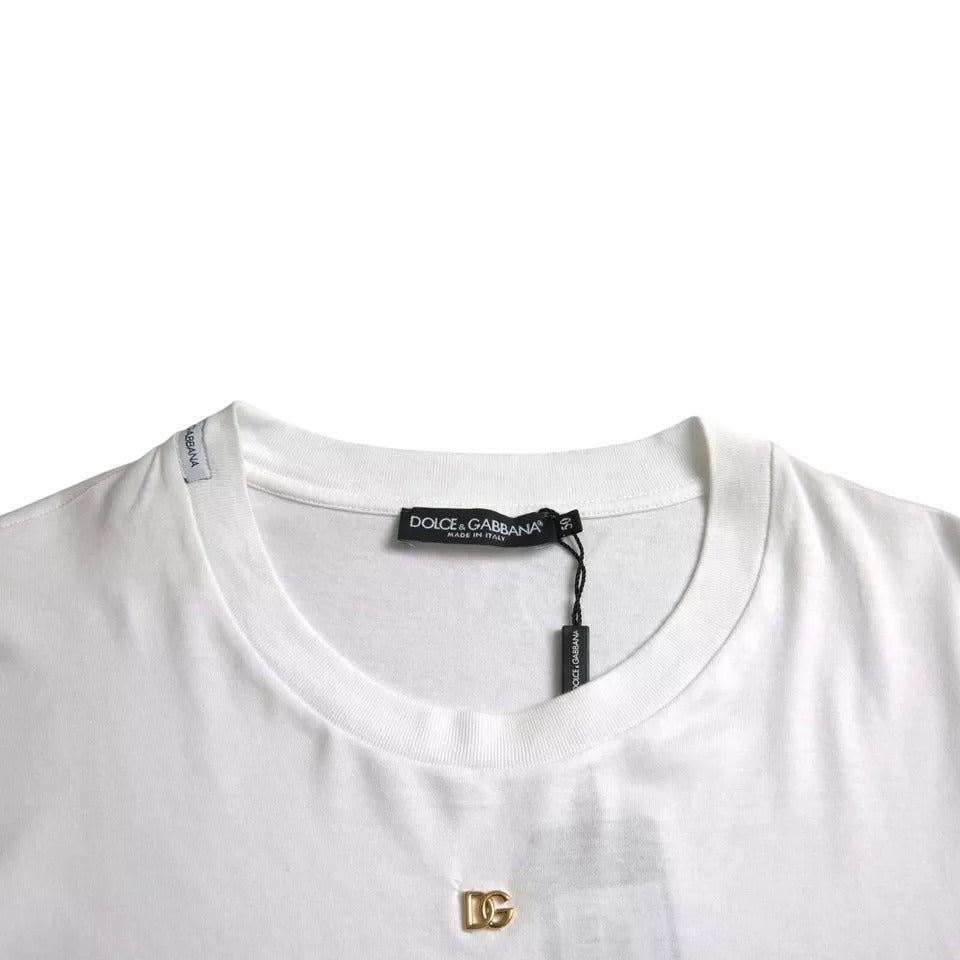 Camiseta de algodón con cuello redondo y manga corta y logotipo blanco