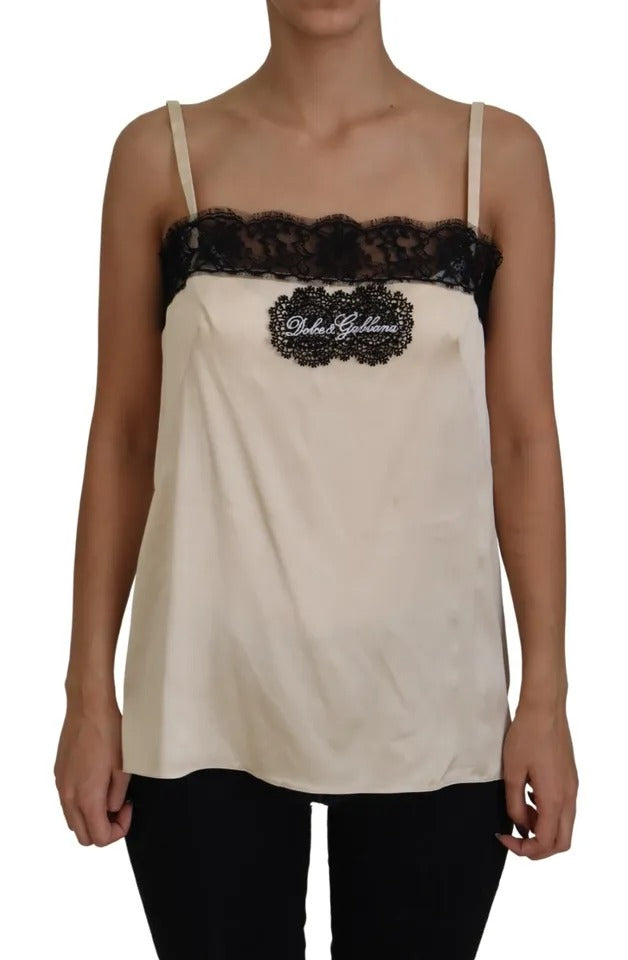 Blusa con bordado de logo y encaje de espagueti en color beige