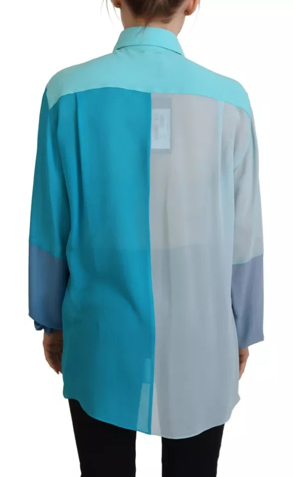 Blusa de seda de manga larga con cuello azul