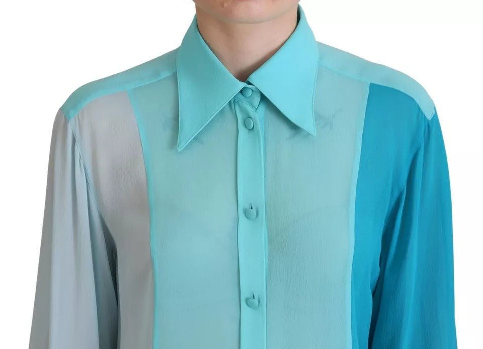 Blusa de seda de manga larga con cuello azul