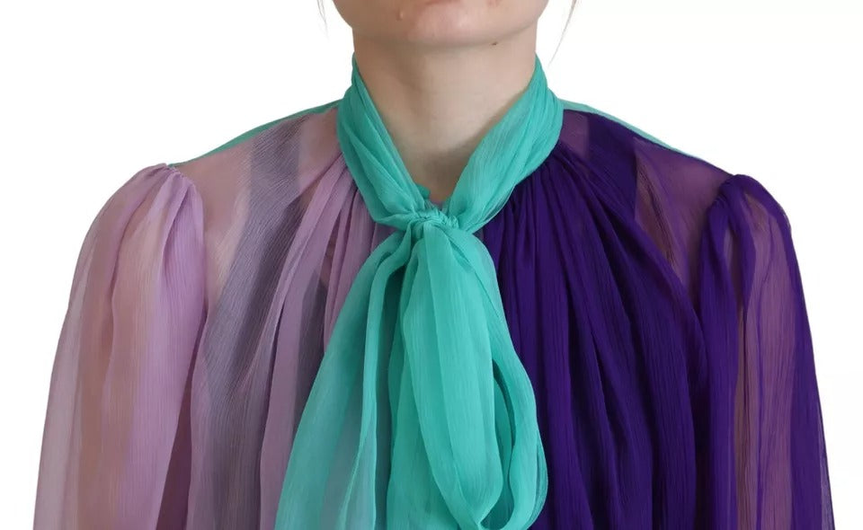 Multicolor Long Sleeves Ascot Collar Silk Top