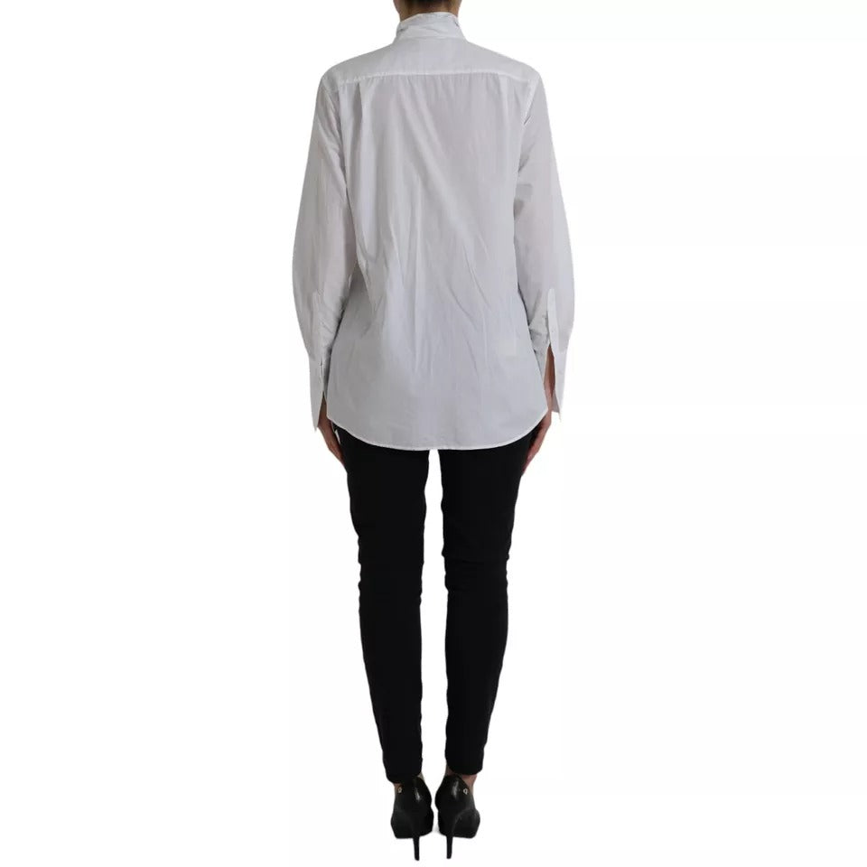 White Cotton Ascot Collar Long Sleeves Top