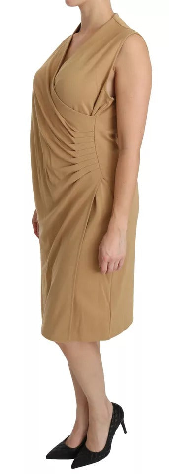 Brown V-neck Shift Knee Length Viscose Dress