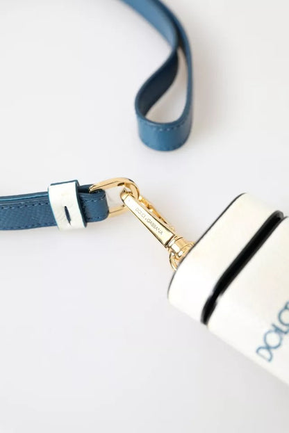 White Blue Calf Leather Logo Print Strap Airpods Case