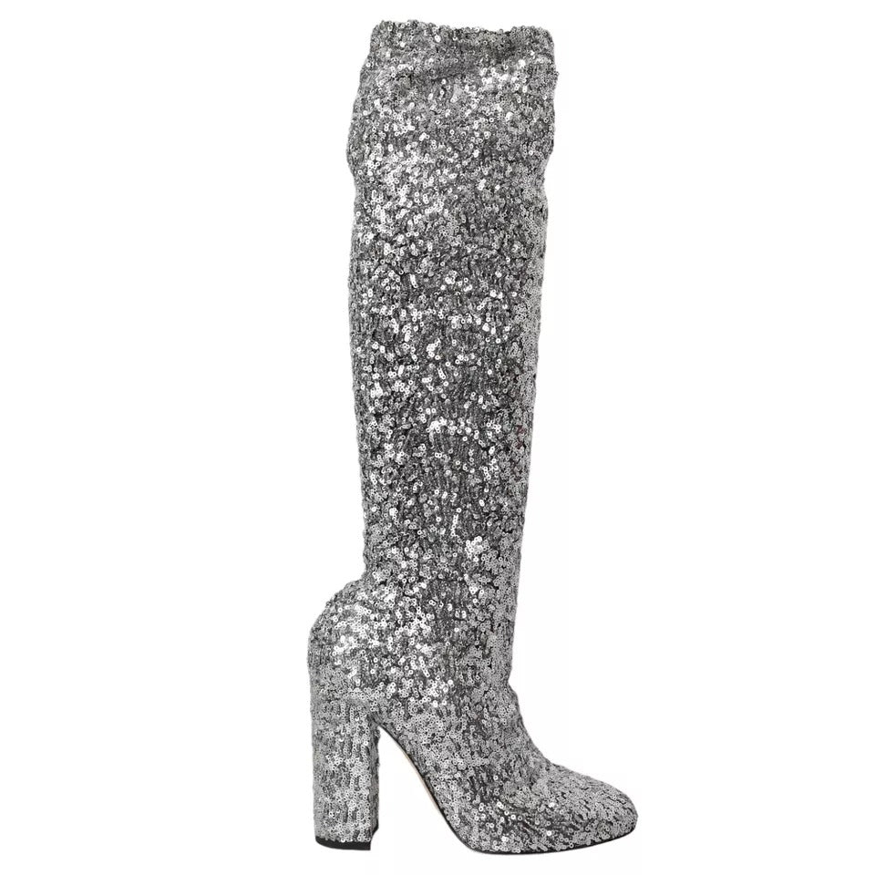 Silver Sequined High Boots Stretch Shoes