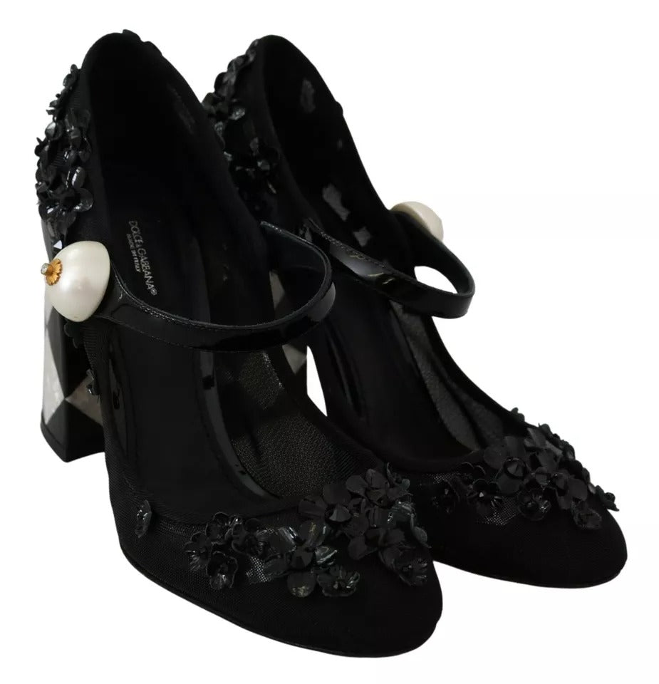 Zapatos de tacón Mary Jane con adornos florales negros