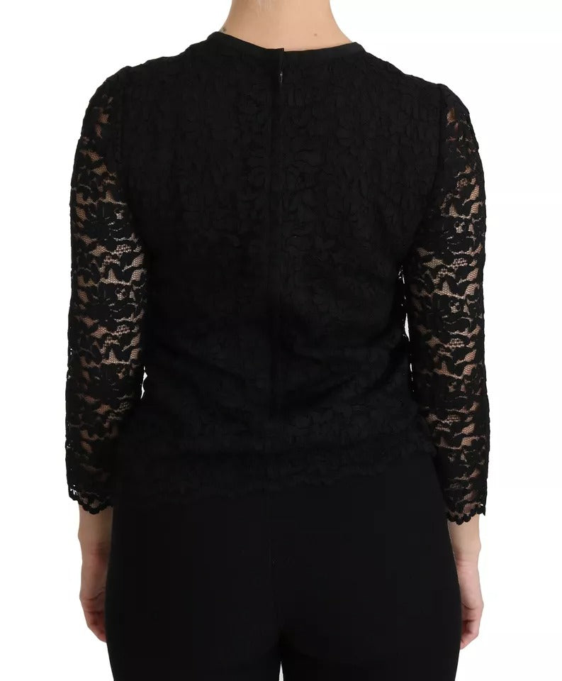 Black Lace Long Sleeve Blouse Nylon Top