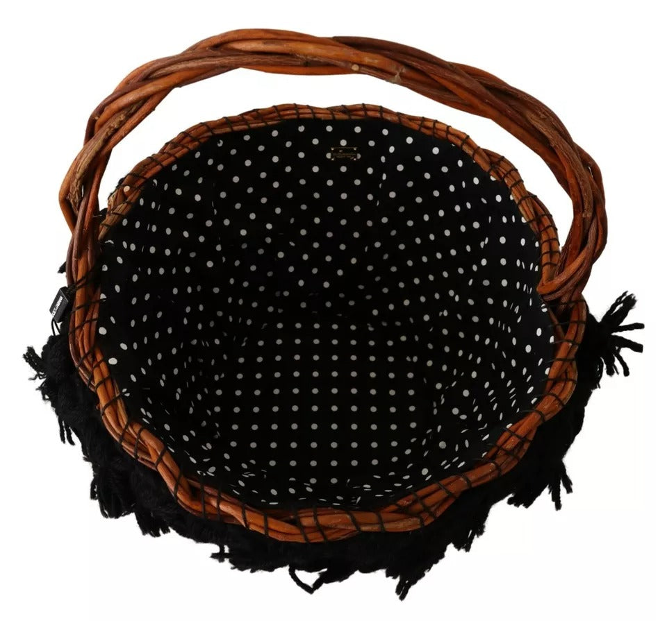 Black Beige Straw Basket Tote Pom Pom Crystals Bag