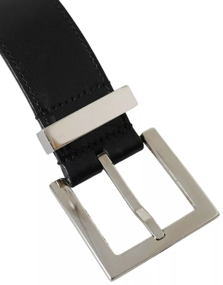 Black Leather Beige Strap Silver Metal Buckle Belt