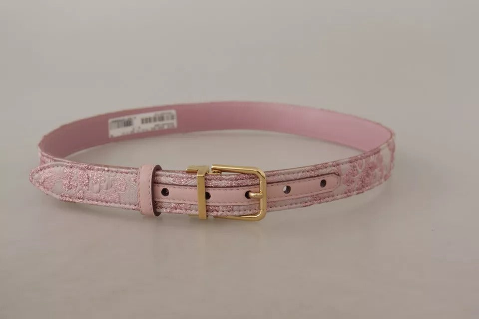 Pink Jaquard Embroidered Gold Tone Metal Buckle Belt