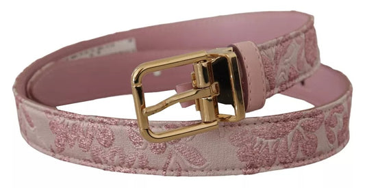 Cinturón con hebilla de metal en tono dorado y bordado en jacquard rosa