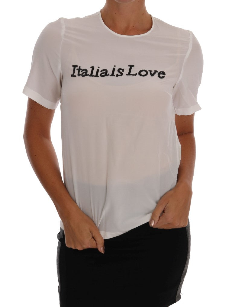 Blusa blanca de seda con lentejuelas 'Italia Is Love'