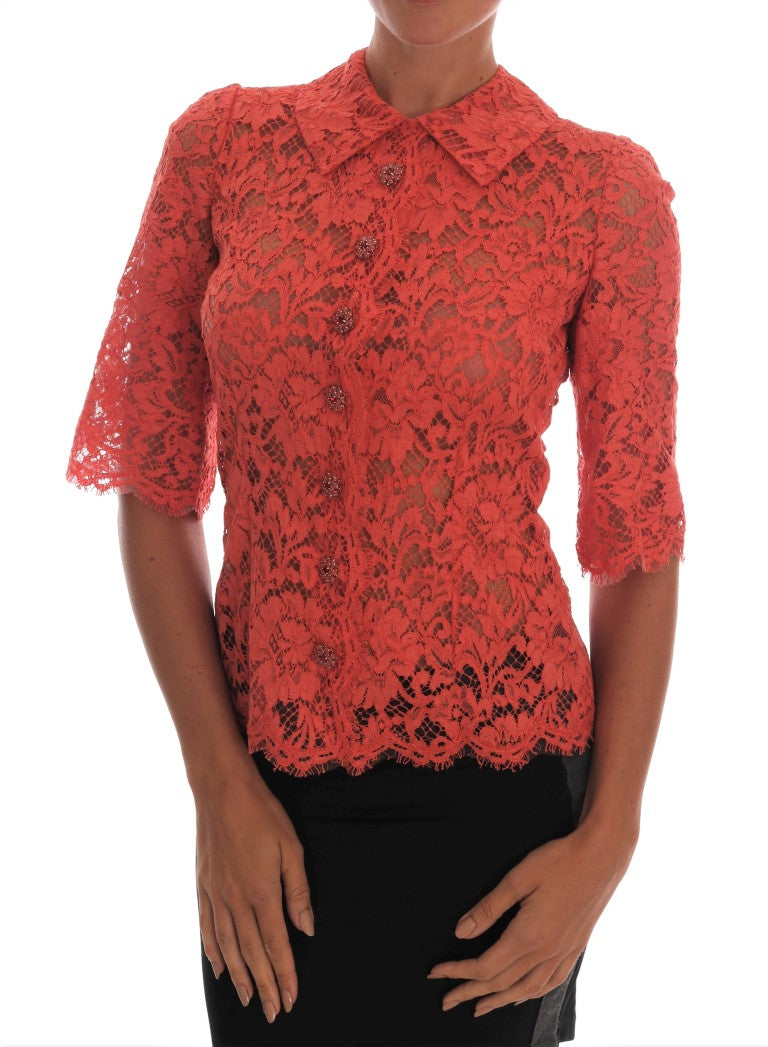 Elegante blusa tipo cárdigan con encaje floral y cristales en color naranja