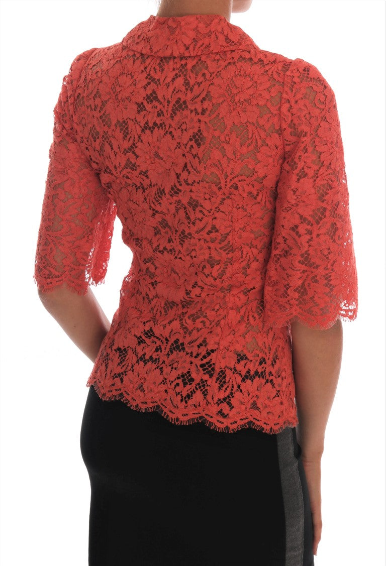 Elegante blusa tipo cárdigan con encaje floral y cristales en color naranja