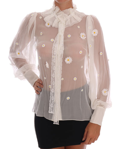 Elegant White Silk Daisy Blouse