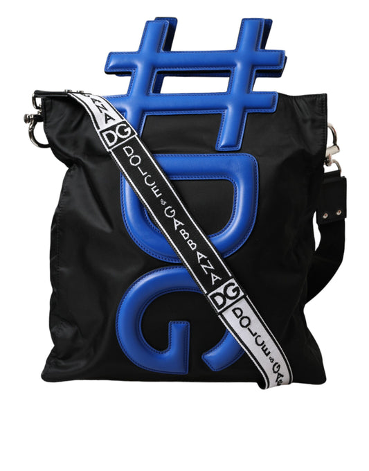 Bolsa de compras de nailon negro y cuero azul con hashtag