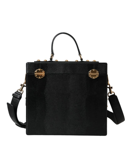 Bolso de mano de piel de becerro con relieve de lagarto negro y doble caja