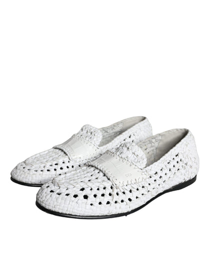 White Woven Leather Slip On Loafers Men Shoes