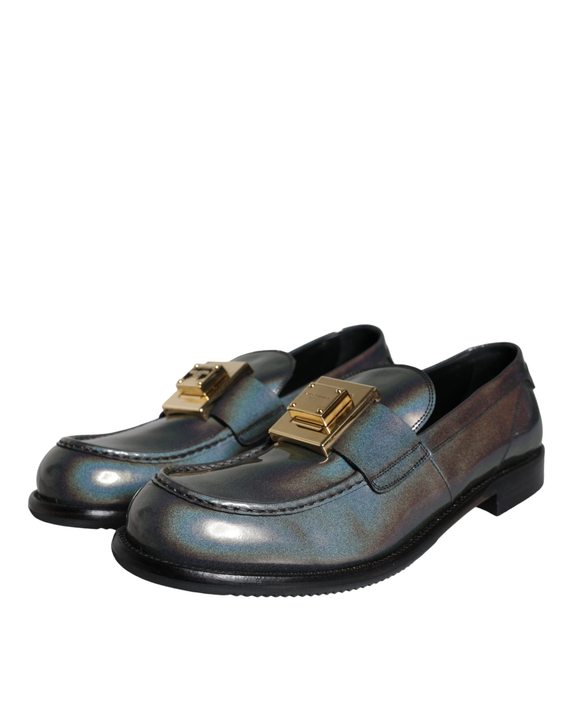 Zapatos mocasines para hombre con placa de logotipo en cuero plateado