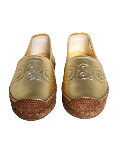 Gold Leather Loafers Flats Espadrille Shoes