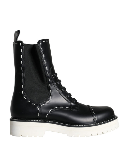 Black Leather Combat Mid Calf Boots Shoes