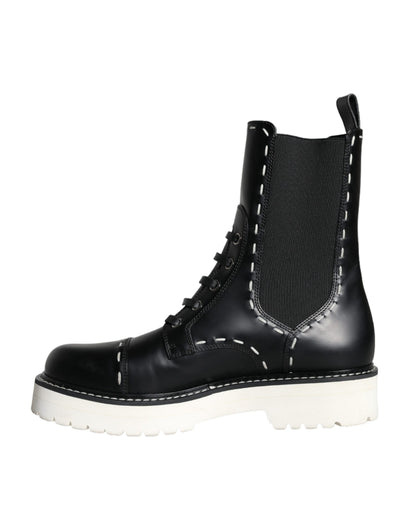 Black Leather Combat Mid Calf Boots Shoes