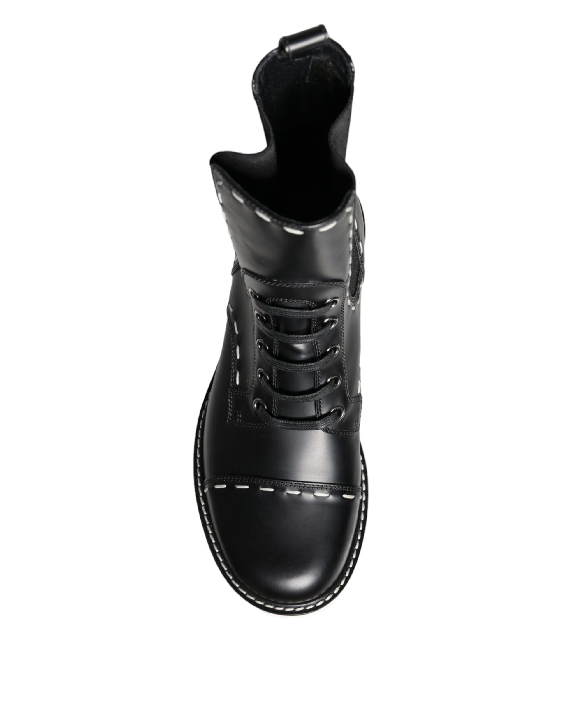 Black Leather Combat Mid Calf Boots Shoes