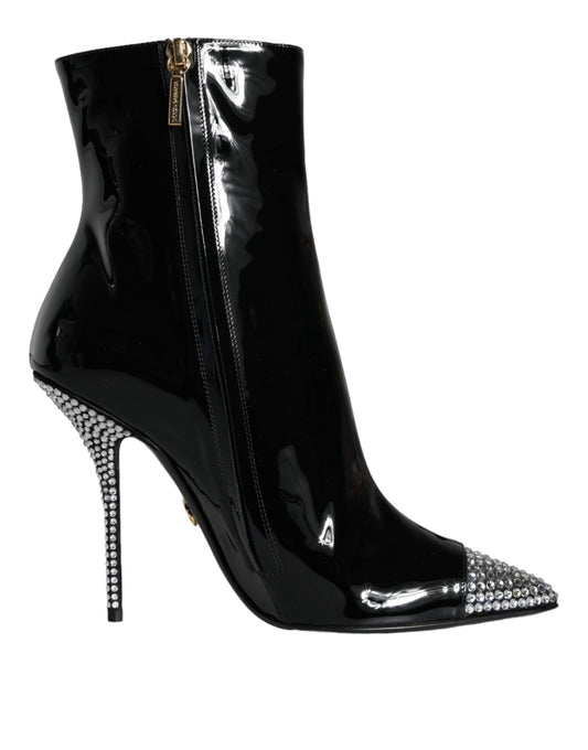 Black Patent Leather Crystal Heel Boots Shoes