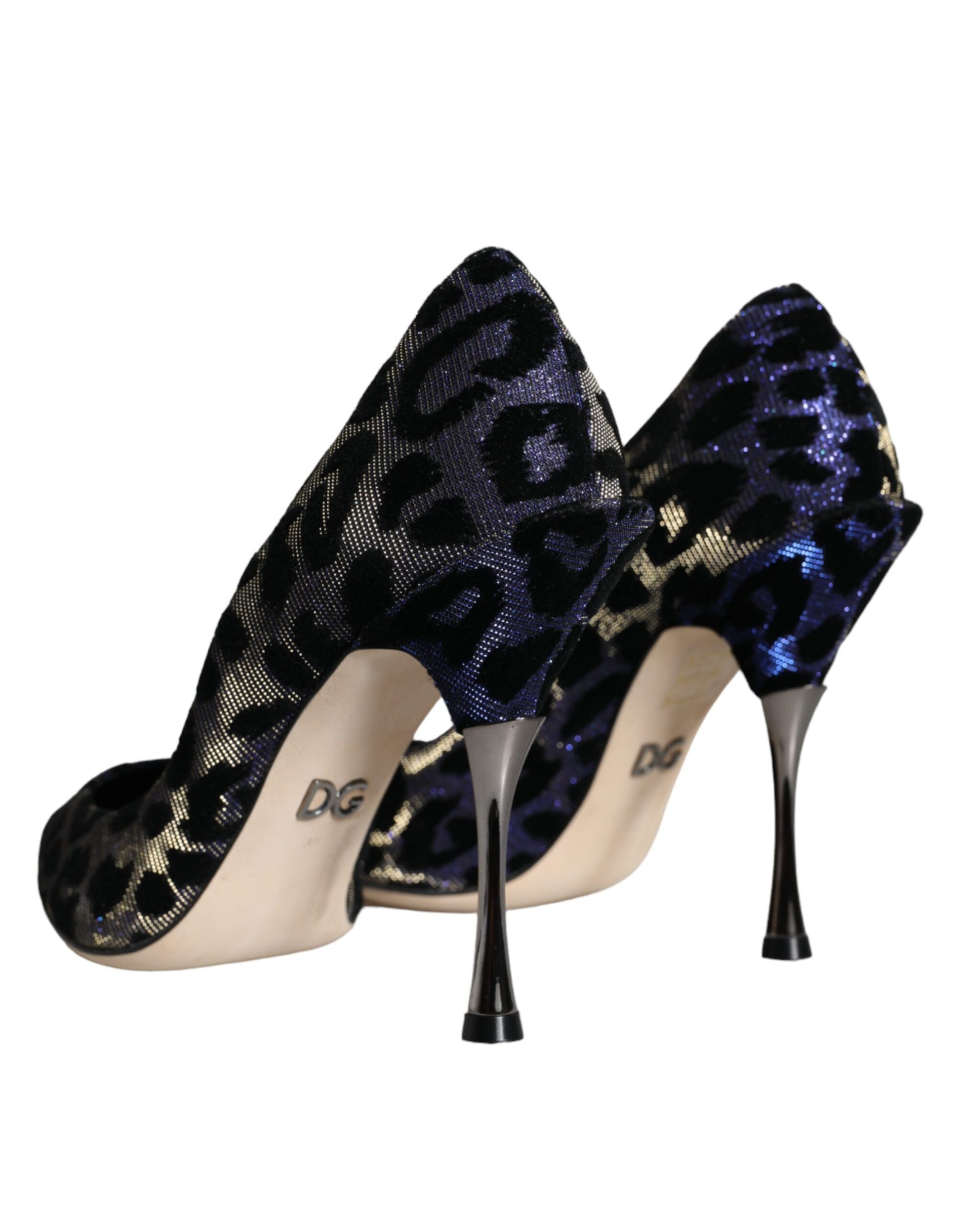 Zapatos de salón con tacón de lúrex y estampado de leopardo en azul oscuro