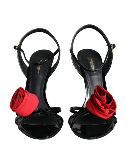 Black Leather Rose Ankle Strap Keira Sandals Shoes