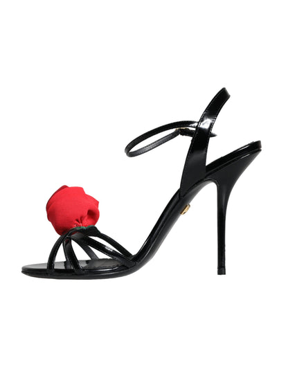 Black Leather Rose Ankle Strap Keira Sandals Shoes