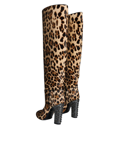 Beige Black Leopard Knee High Boots Shoes