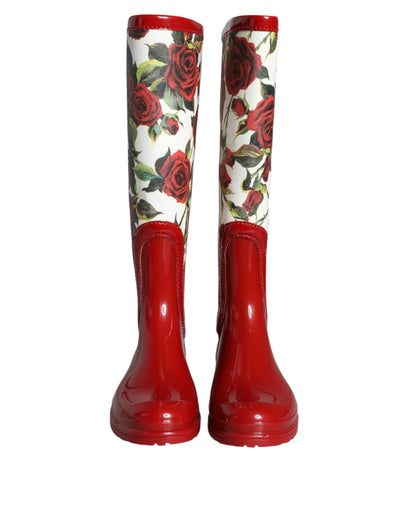 Botas planas hasta la rodilla de goma con estampado floral rojo