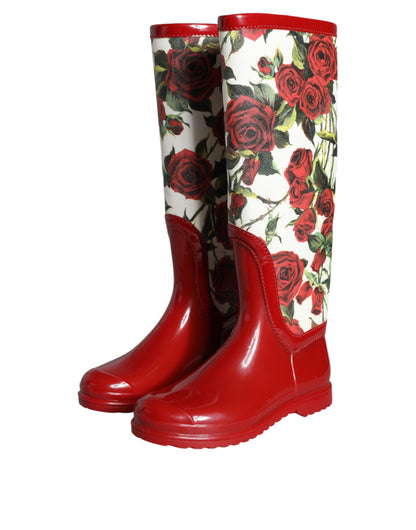 Botas planas hasta la rodilla de goma con estampado floral rojo