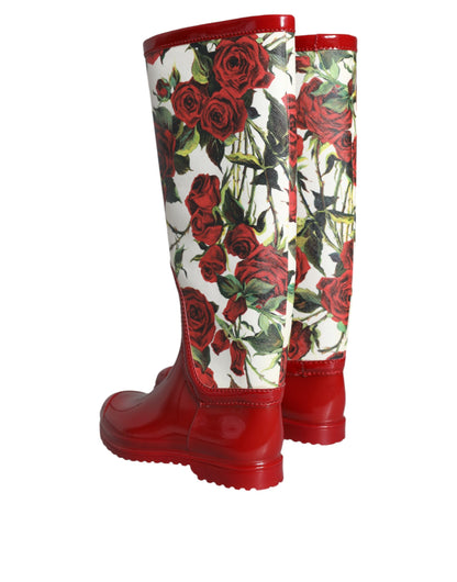 Botas planas hasta la rodilla de goma con estampado floral rojo