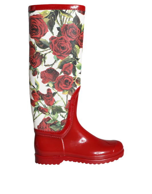 Botas planas hasta la rodilla de goma con estampado floral rojo