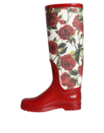 Botas planas hasta la rodilla de goma con estampado floral rojo