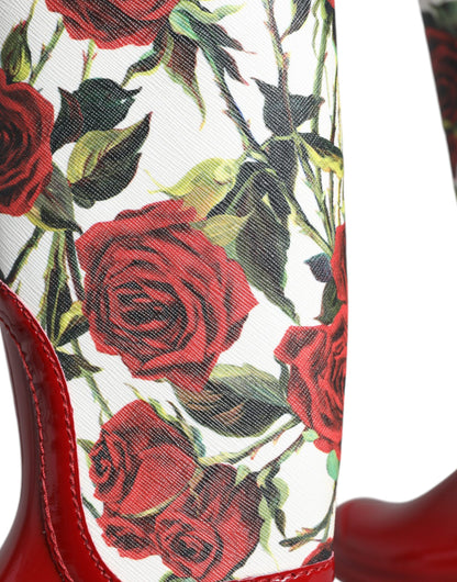 Botas planas hasta la rodilla de goma con estampado floral rojo